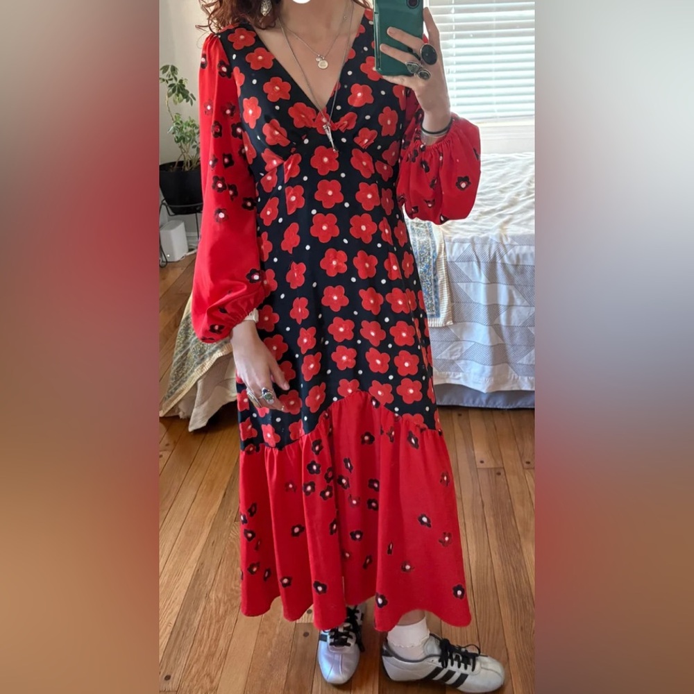 Topshop Long Sleeve Flounced Floral ColorBlock Midi Dress Navy & Poppy Red TB15 - Picture 4 of 12